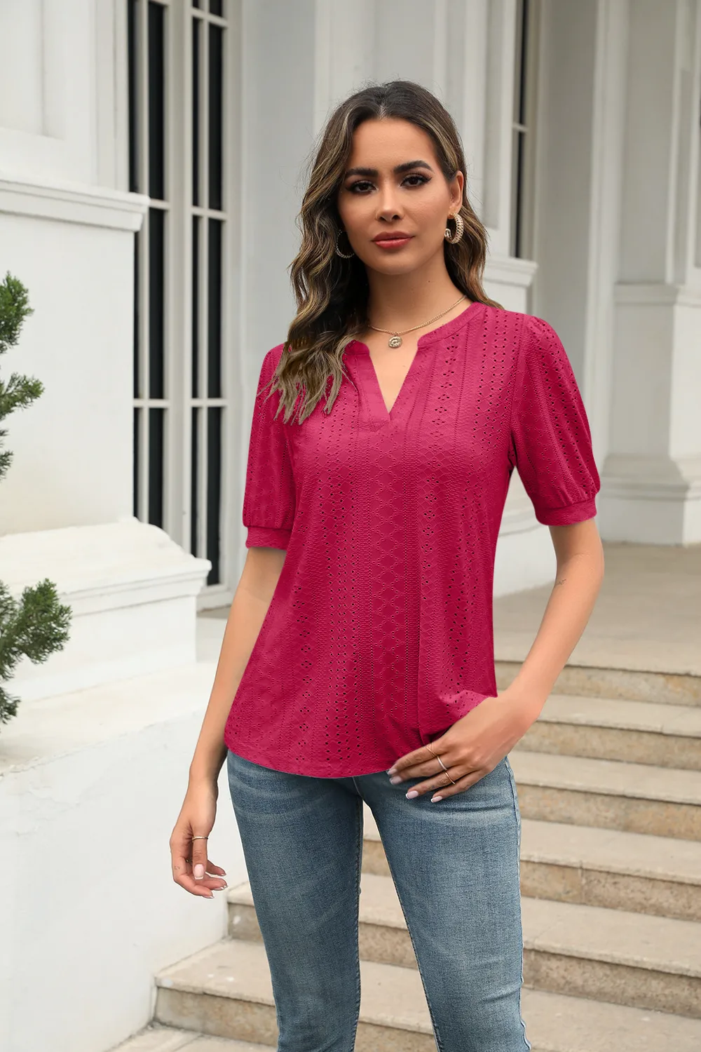 Summer Casual V-neck Solid Color Hollow Puff Sleeve Loose T-shirt display picture 27