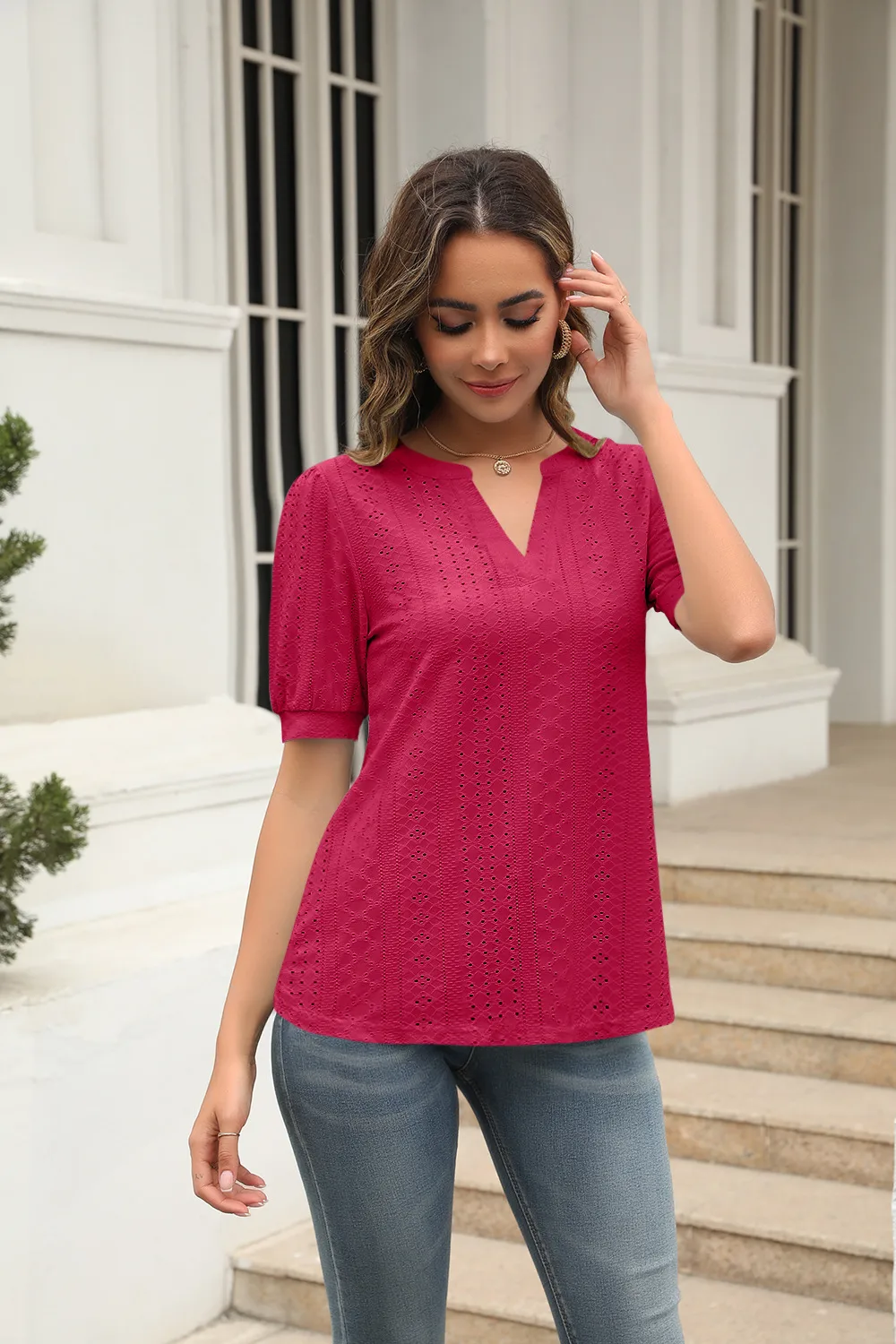 Summer Casual V-neck Solid Color Hollow Puff Sleeve Loose T-shirt display picture 28
