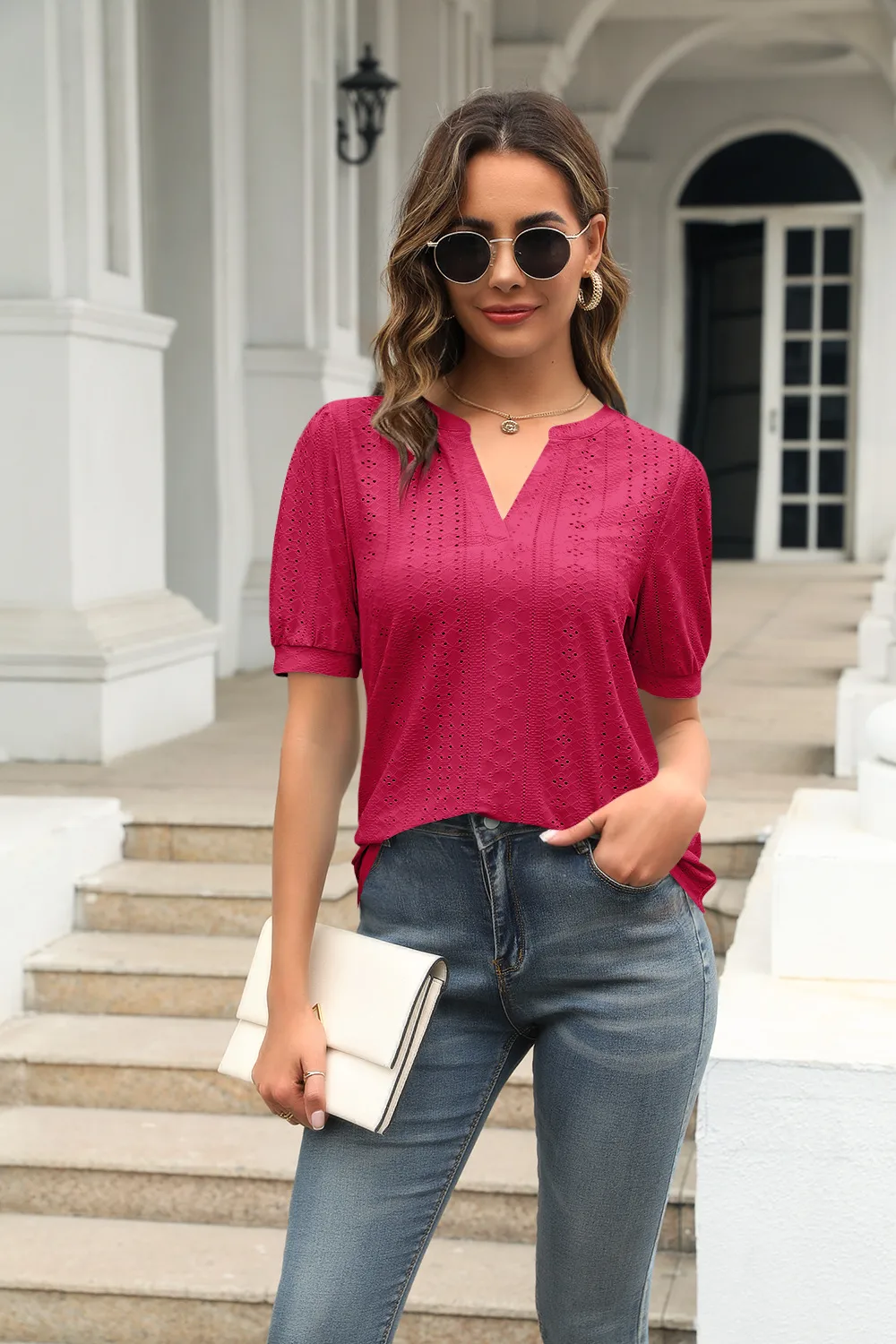 Summer Casual V-neck Solid Color Hollow Puff Sleeve Loose T-shirt display picture 30