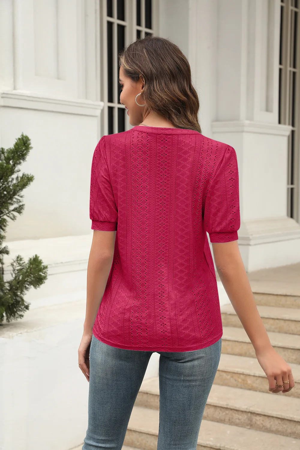 Summer Casual V-neck Solid Color Hollow Puff Sleeve Loose T-shirt display picture 31