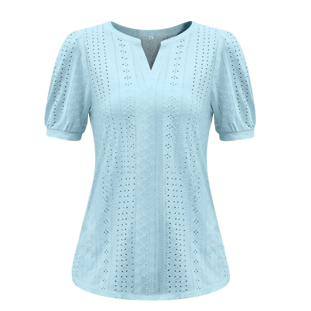 Summer Casual V-neck Solid Color Hollow Puff Sleeve Loose T-shirt display picture 32