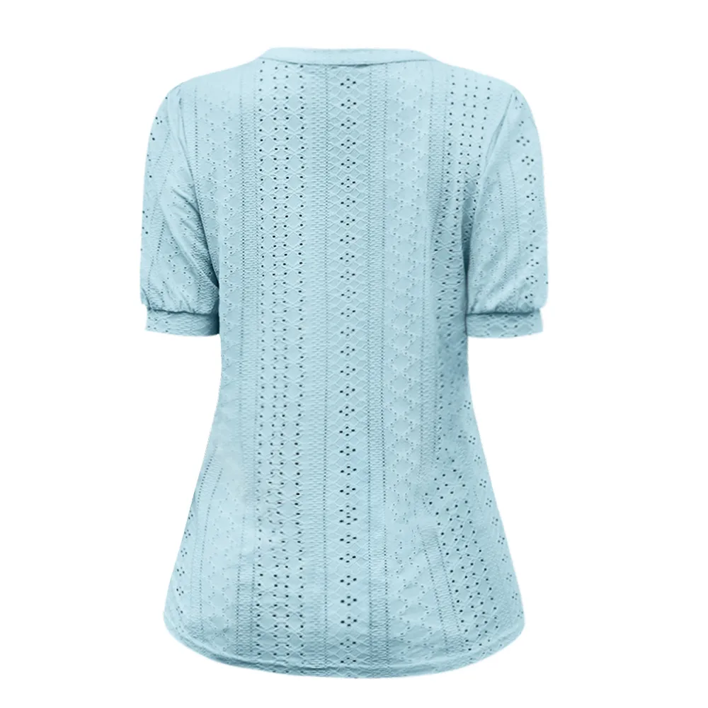 Summer Casual V-neck Solid Color Hollow Puff Sleeve Loose T-shirt display picture 33