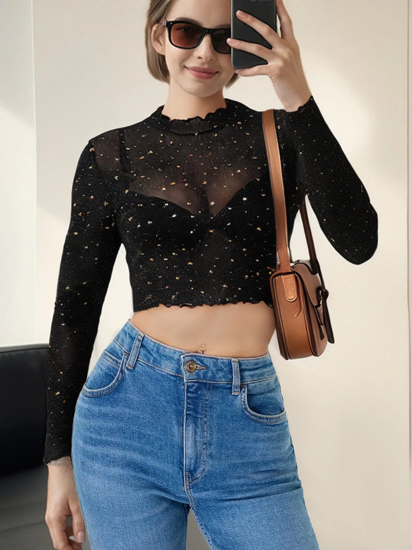 Spring And Summer New Women's Stand-up Collar Long-Sleeved Mesh Transparent Sequined Decorative T-shirt Top display picture 2