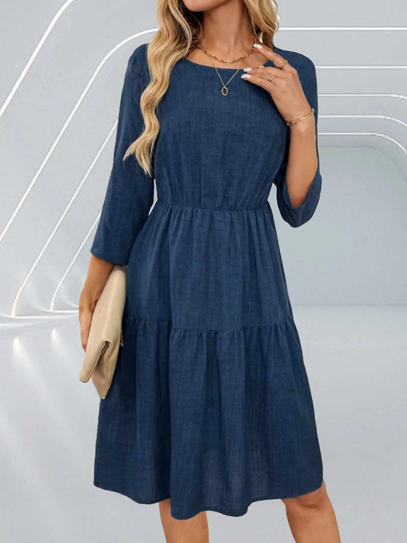 Spring And Summer New Women's Tight Waist 3/4 Sleeve Round Neck Dress display picture 5