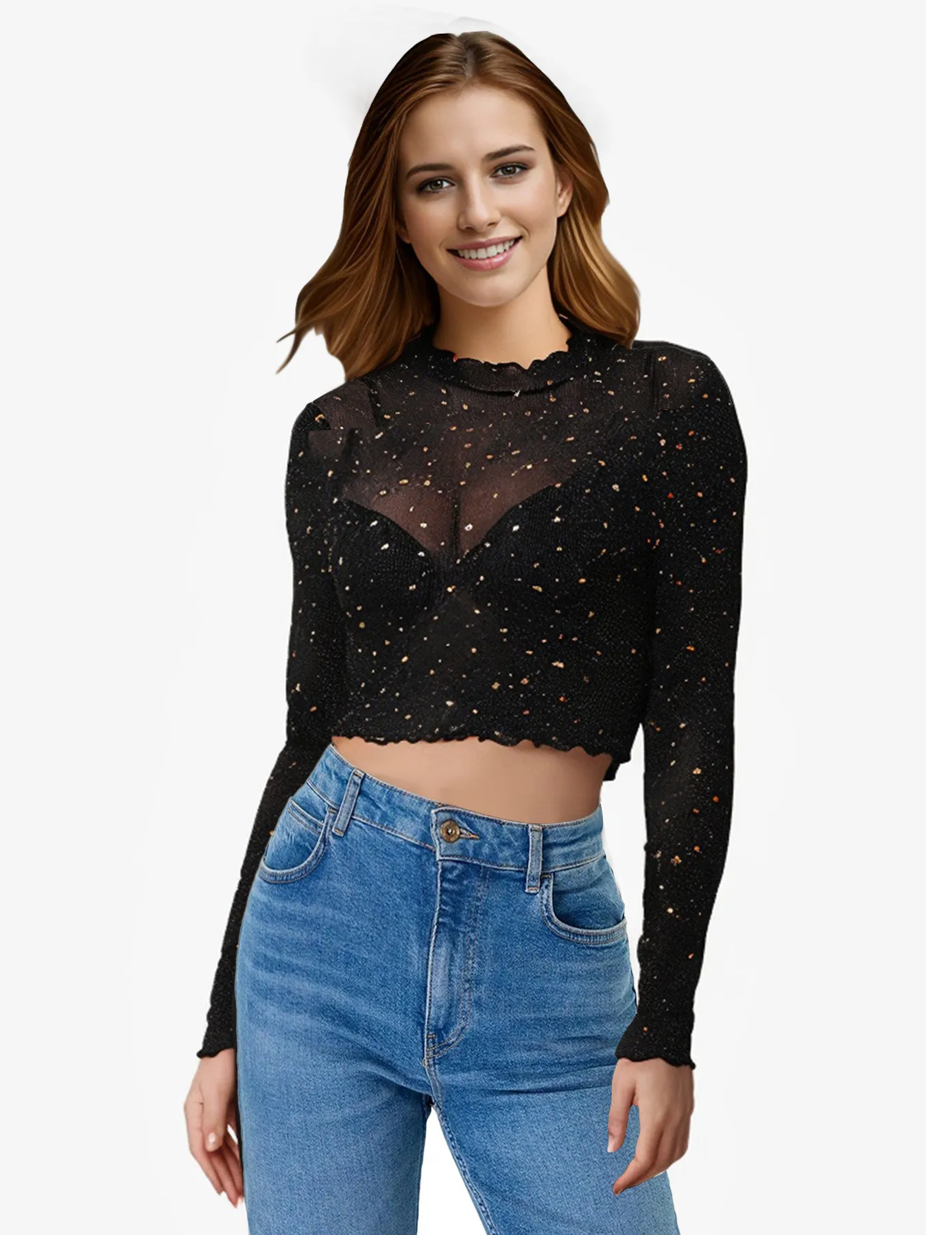 Spring And Summer New Women's Stand-up Collar Long-Sleeved Mesh Transparent Sequined Decorative T-shirt Top display picture 4