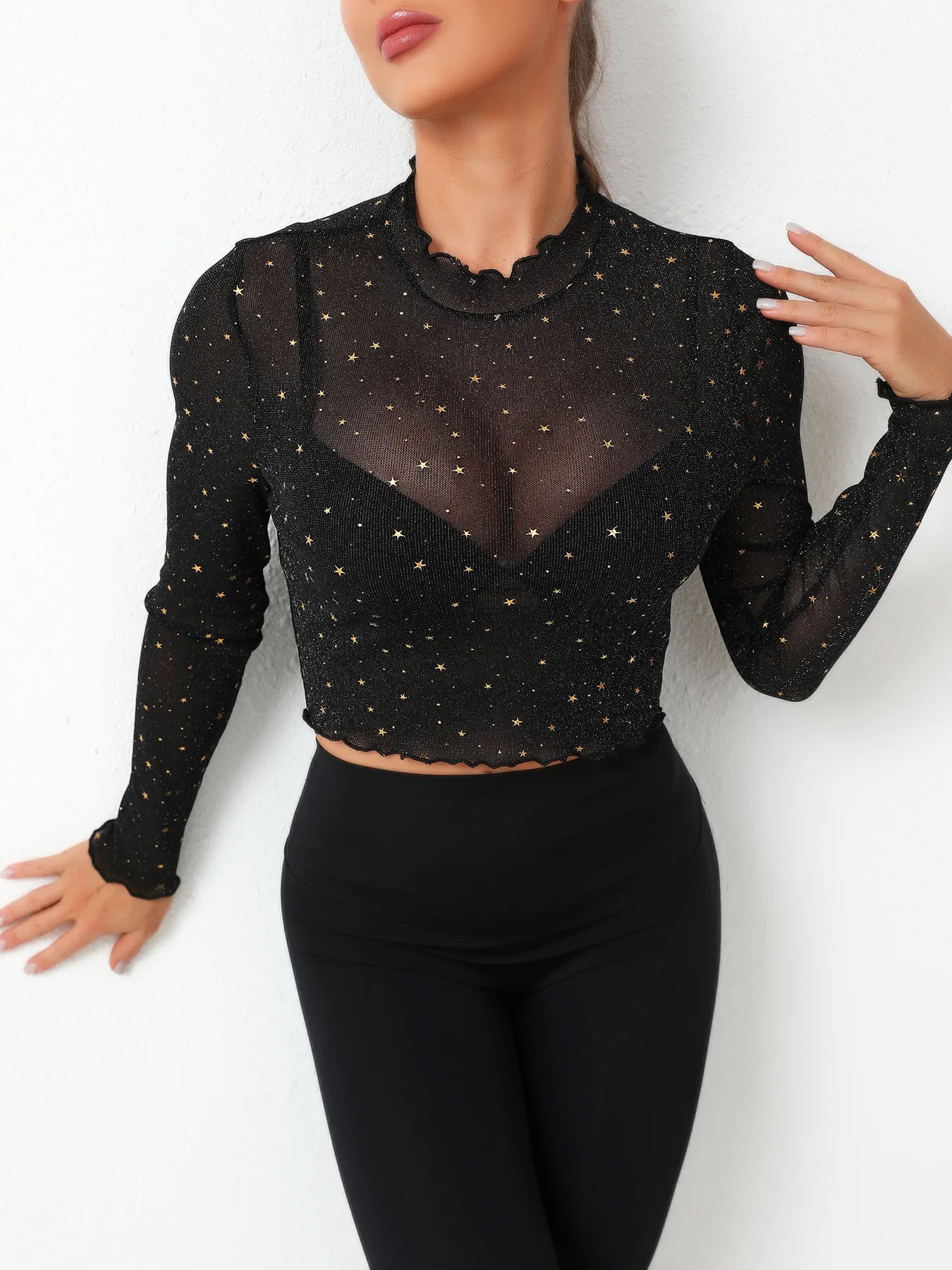 Spring And Summer New Women's Stand-up Collar Long-Sleeved Mesh Transparent Sequined Decorative T-shirt Top display picture 6