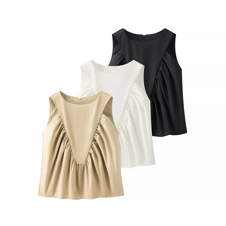 Women's Clothing Ins Internet Hot  Spring Round Neck Solid Color Sleeveless Pleated Short Vest display picture 2