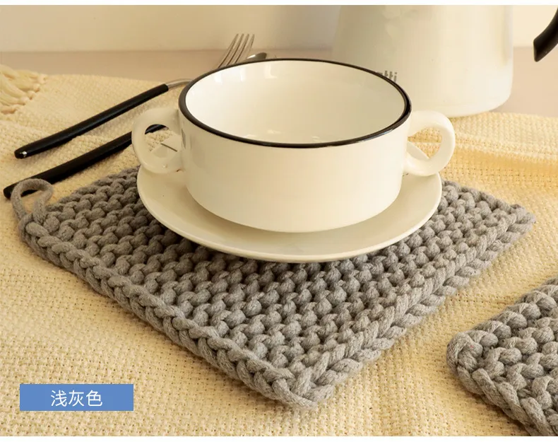 New Style Handmade Woven Coaster Plain Cotton String Square Heat Proof Mat Teacup Mat Simple Placemat display picture 1