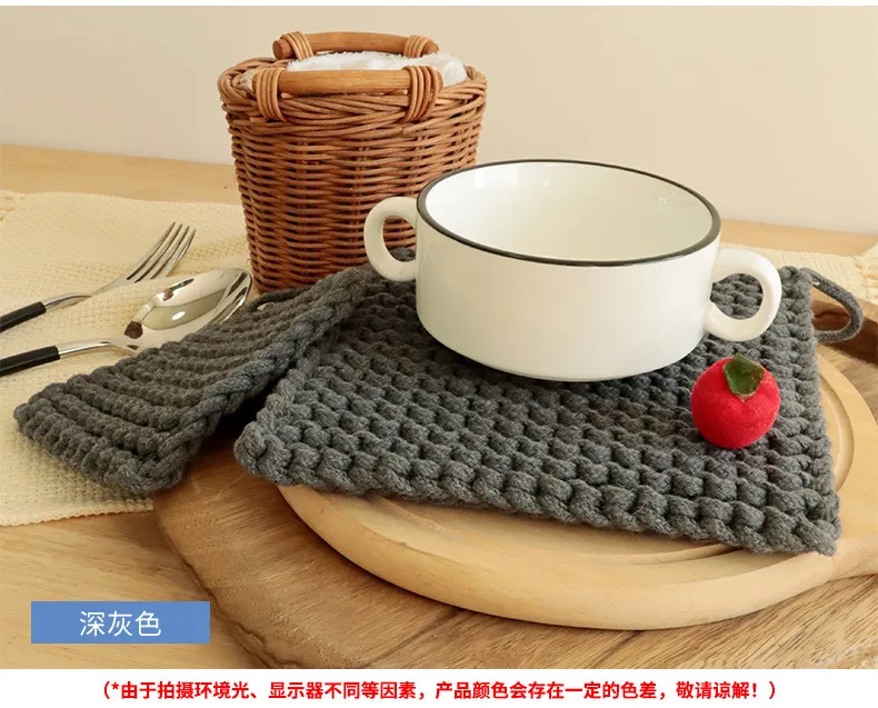 New Style Handmade Woven Coaster Plain Cotton String Square Heat Proof Mat Teacup Mat Simple Placemat display picture 2