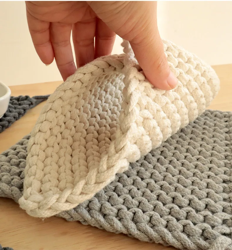 New Style Handmade Woven Coaster Plain Cotton String Square Heat Proof Mat Teacup Mat Simple Placemat display picture 4