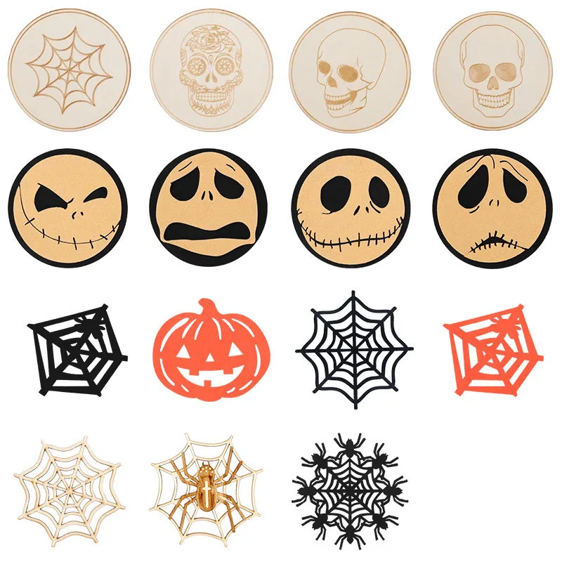 Halloween Ghost Festival Pumpkin Felt Coaster Spider Web Skull Wooden Carved Heat Insulation Decorative Coaster display picture 21