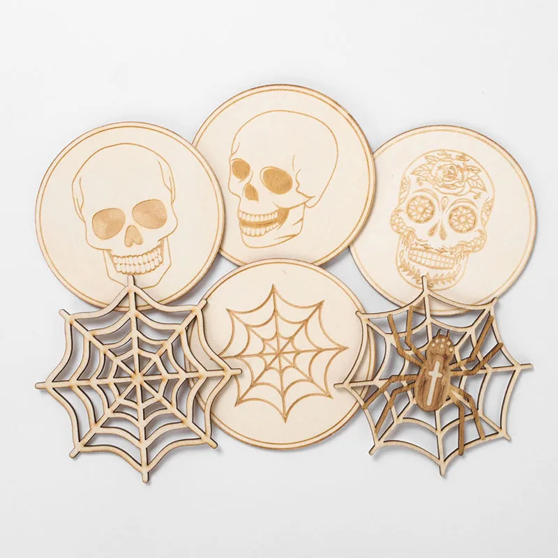 Halloween Ghost Festival Pumpkin Felt Coaster Spider Web Skull Wooden Carved Heat Insulation Decorative Coaster display picture 15