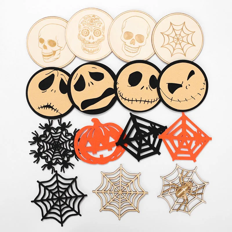 Halloween Ghost Festival Pumpkin Felt Coaster Spider Web Skull Wooden Carved Heat Insulation Decorative Coaster display picture 18