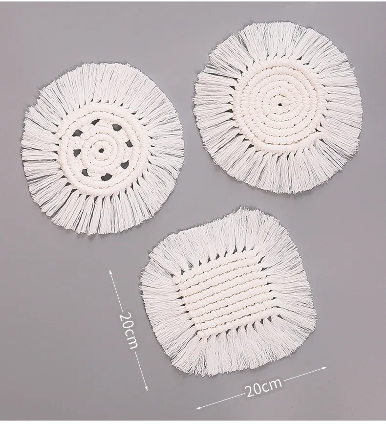 Factory Wholesale Nordic Style Hand-Woven Cotton String Coaster Heat Proof Mat White Tassel Desktop Simple Decorative Pad display picture 1