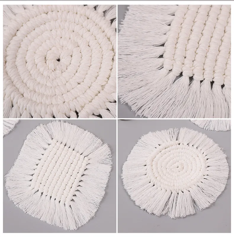 Factory Wholesale Nordic Style Hand-Woven Cotton String Coaster Heat Proof Mat White Tassel Desktop Simple Decorative Pad display picture 2