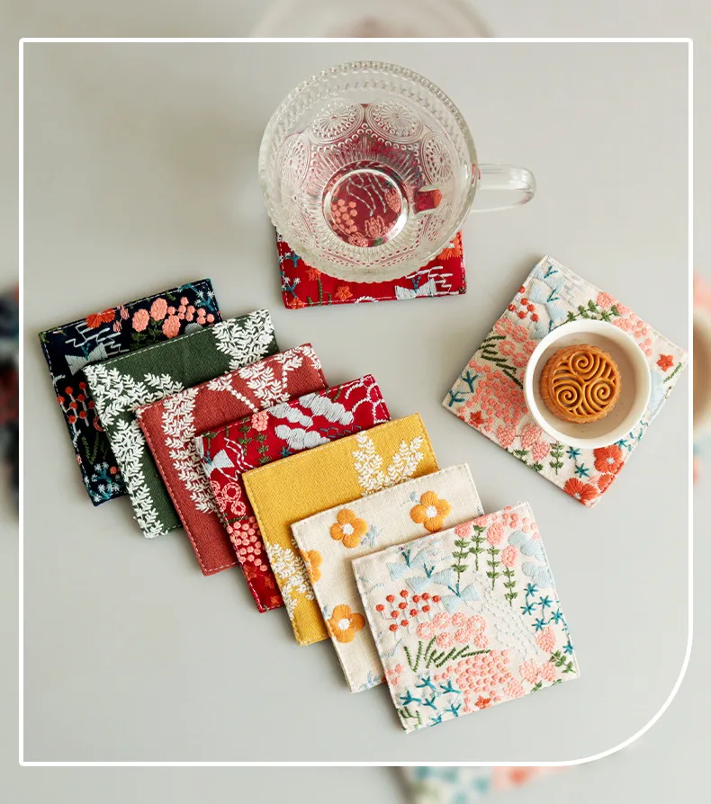 INS Style Cotton Linen Coaster Embroidered Fabric Tea Table Coaster Thickening Heat Insulation Pad Coffee Cup Mat display picture 1