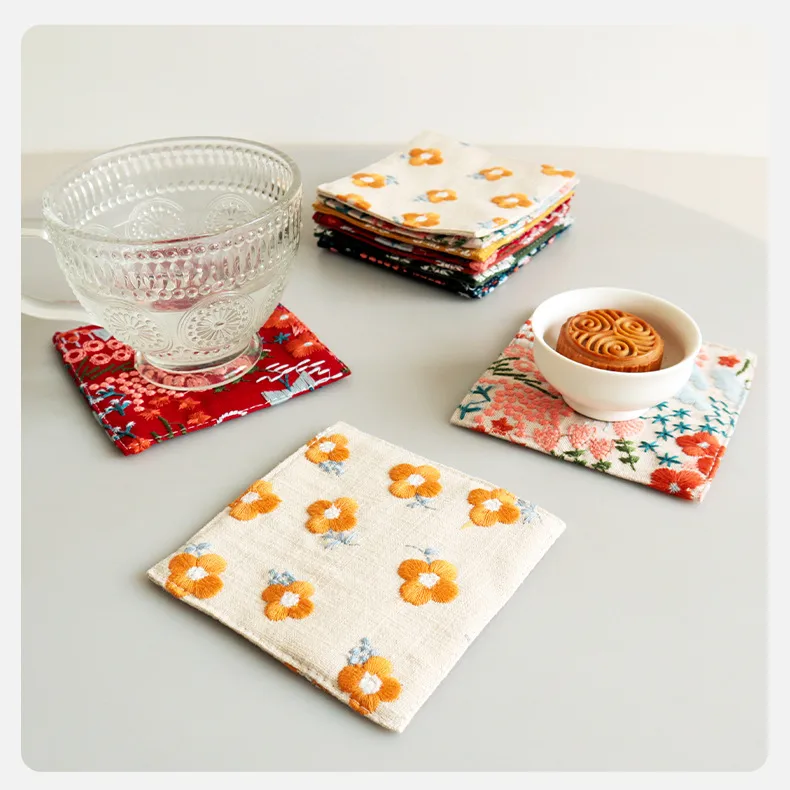 INS Style Cotton Linen Coaster Embroidered Fabric Tea Table Coaster Thickening Heat Insulation Pad Coffee Cup Mat display picture 2