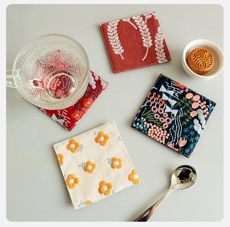INS Style Cotton Linen Coaster Embroidered Fabric Tea Table Coaster Thickening Heat Insulation Pad Coffee Cup Mat display picture 3