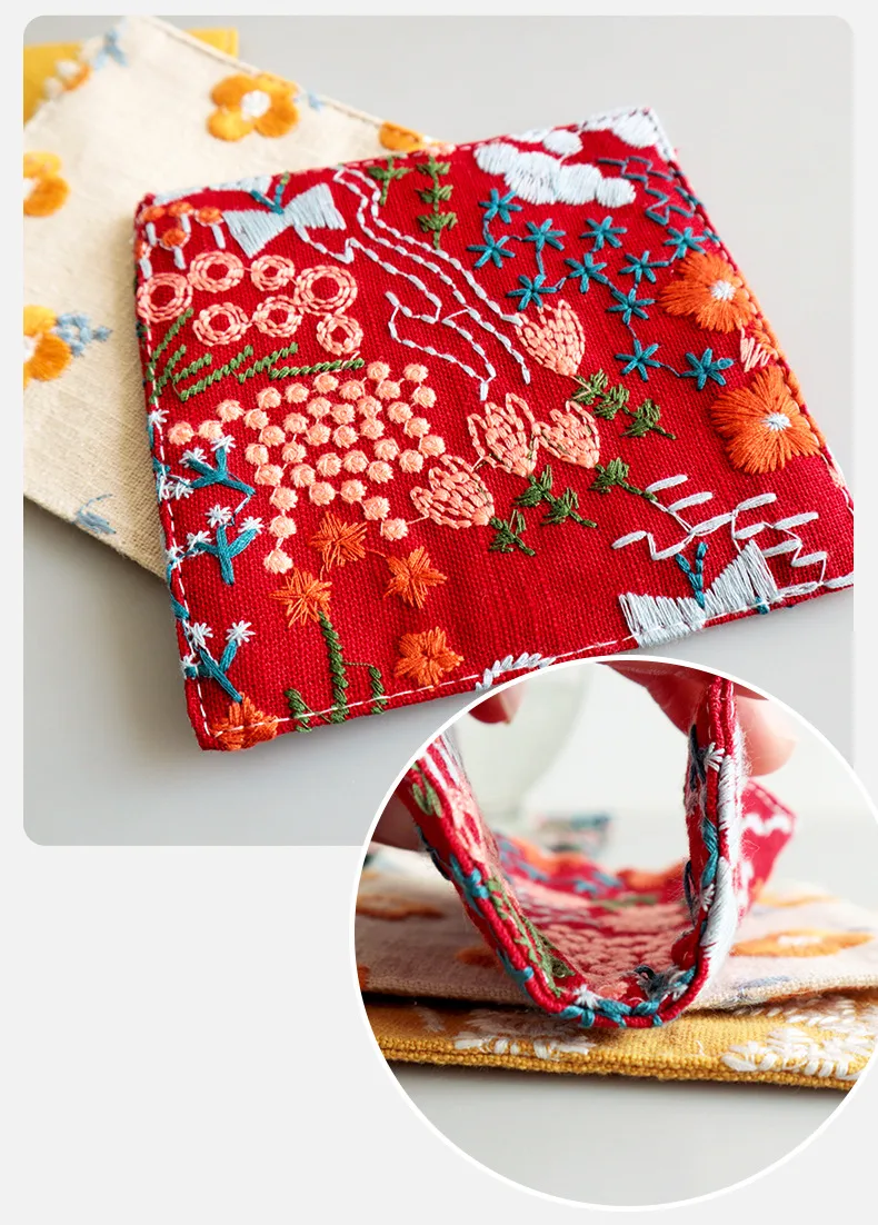 INS Style Cotton Linen Coaster Embroidered Fabric Tea Table Coaster Thickening Heat Insulation Pad Coffee Cup Mat display picture 4