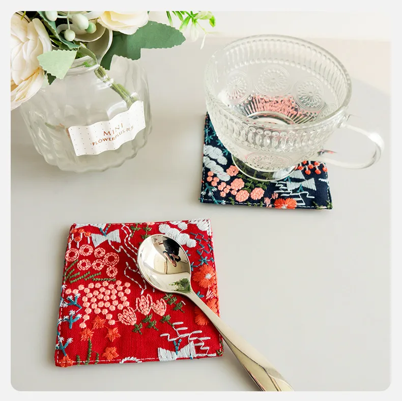 INS Style Cotton Linen Coaster Embroidered Fabric Tea Table Coaster Thickening Heat Insulation Pad Coffee Cup Mat display picture 6