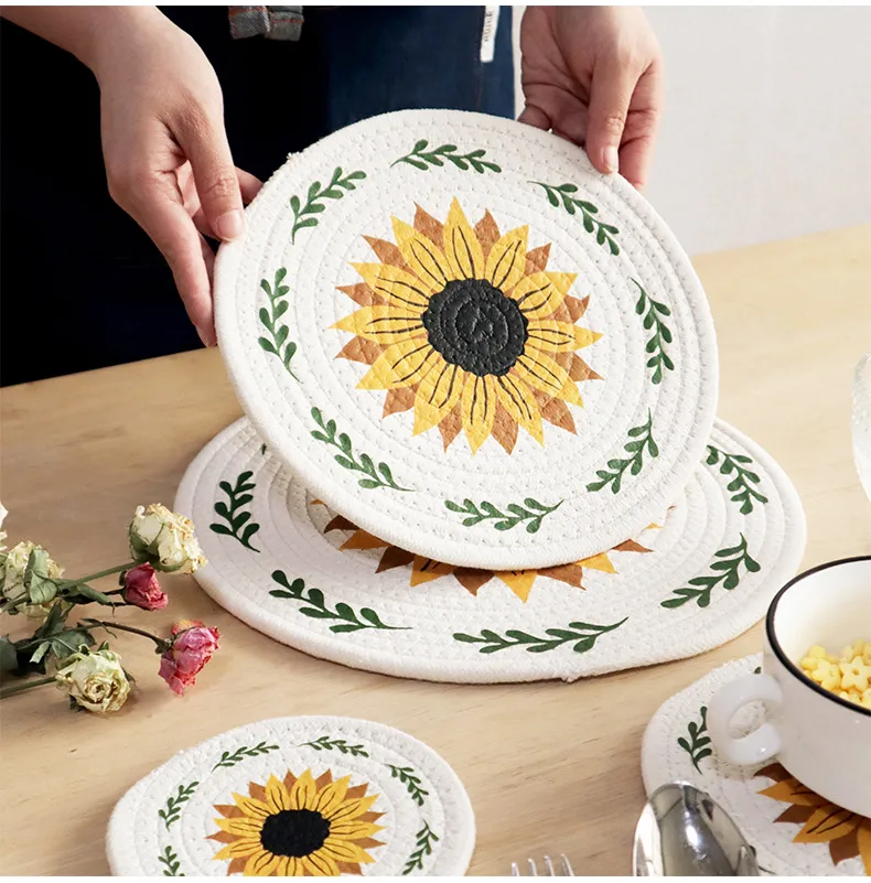 Printed Sunflower Placemat Cotton String Heat Proof Mat Thickened Dining Table Cushion Placemat Coaster display picture 1