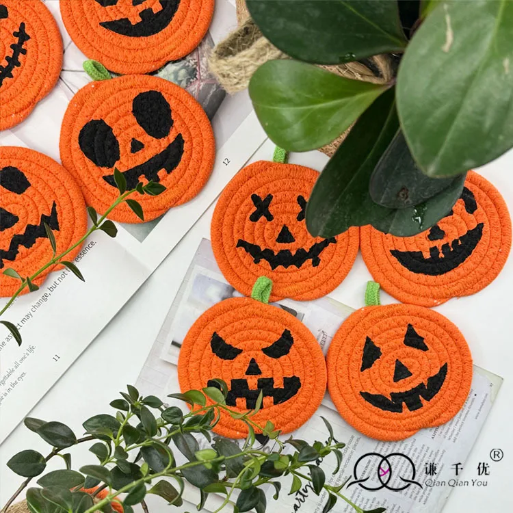 Halloween Pumpkin Cotton String Placemat Expression Coaster Custom Iron Hand-Woven Pumpkin Decoration Ornaments display picture 2