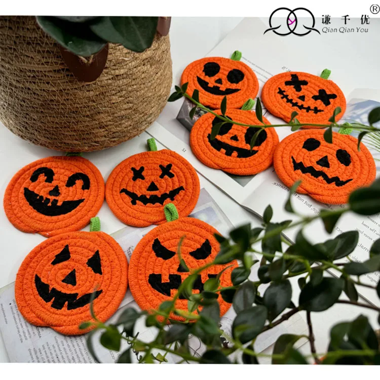 Halloween Pumpkin Cotton String Placemat Expression Coaster Custom Iron Hand-Woven Pumpkin Decoration Ornaments display picture 14