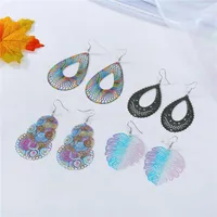 Geometric Colorful Openwork Carved Leaves Big Earrings Retro main image 4