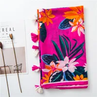 Cotton And Linen Scarf Warm Rose Red Tone Tropical Plant Color Tassel Wholesale Trend main image 2