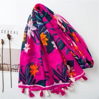 Cotton And Linen Scarf Warm Rose Red Tone Tropical Plant Color Tassel Wholesale Trend main image 3