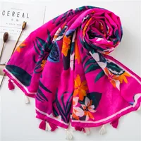 Cotton And Linen Scarf Warm Rose Red Tone Tropical Plant Color Tassel Wholesale Trend main image 4