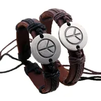 Vintage Woven Hemp Rope Alloy Peace Logo Leather Bracelet Nhpk138929 main image 1