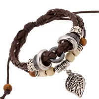 Korean Version Of Imitation Cowhide Bracelet Simple Wild Alloy Leaf Pendant Woven Leather Bracelet main image 1