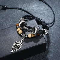 Korean Version Of Imitation Cowhide Bracelet Simple Wild Alloy Leaf Pendant Woven Leather Bracelet main image 3