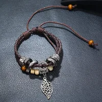 Korean Version Of Imitation Cowhide Bracelet Simple Wild Alloy Leaf Pendant Woven Leather Bracelet main image 4