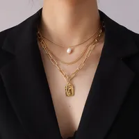 Wholesale Jewelry Fashion Human Face 304 Stainless Steel Freshwater Pearl 18K Gold Plated Plating Necklace sku image 1