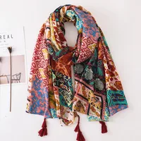 Sun Shawl Women Summer National Style Cotton And Linen Silk Scarf Printing Tassel Tulle Travel Beach Towel Sunshade Scarf sku image 2