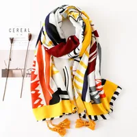 Sun Shawl Women Summer National Style Cotton And Linen Silk Scarf Printing Tassel Tulle Travel Beach Towel Sunshade Scarf sku image 1