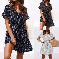 New Fashion Sexy Polka Dot Printed V-neck Button Lace-up Chiffon Dress main image 1