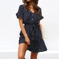 New Fashion Sexy Polka Dot Printed V-neck Button Lace-up Chiffon Dress main image 2