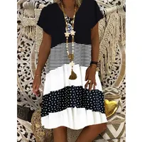 Pleated Skirt Casual V Neck Printing Short Sleeve Printing Knee-length main image 3