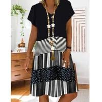 Pleated Skirt Casual V Neck Printing Short Sleeve Printing Knee-length main image 5