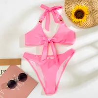 Split Solid Color Halter Bikini main image 2