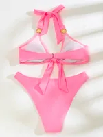Split Solid Color Halter Bikini main image 3