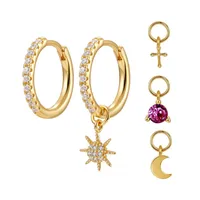 S925 Silver Needle Four Small Pendants Moon Star Cross Bead Hoop Set Earrings main image 1