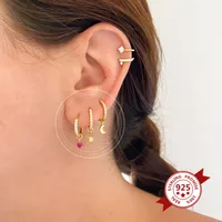 S925 Silver Needle Four Small Pendants Moon Star Cross Bead Hoop Set Earrings main image 2