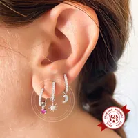 S925 Silver Needle Four Small Pendants Moon Star Cross Bead Hoop Set Earrings main image 3