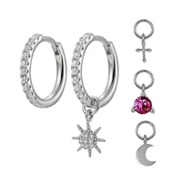 S925 Silver Needle Four Small Pendants Moon Star Cross Bead Hoop Set Earrings sku image 5