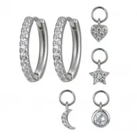 S925 Silver Needle Four Small Pendants Moon Star Cross Bead Hoop Set Earrings sku image 1