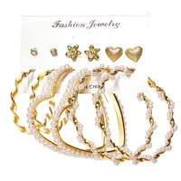Europe And America Cross Border New Love Heart Earrings 6-piece Set Creative Pearl Diamond Gold Round Ring Earrings Set Earring main image 1